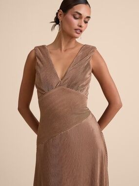 Lulus Renee Light Brown Satin Plisse V-neck Maxi Dress - Size M